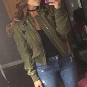 Hunter green and black lace up bomber jacket